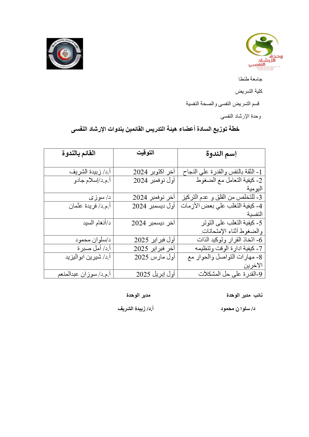 تواجد اعضاء وحدة الارشاد النفسى 2024-2025