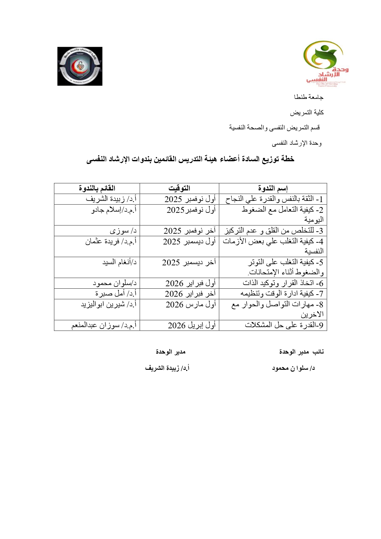 تواجد اعضاء وحدة الارشاد النفسى2025-2026